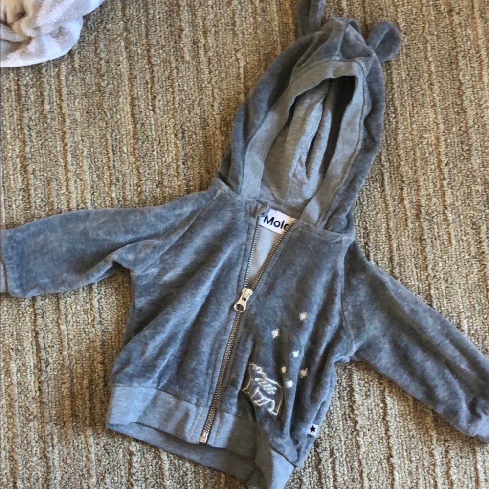 NWOT Molo Grey Velour Ear Hoodie, Sz 6-9 Mos